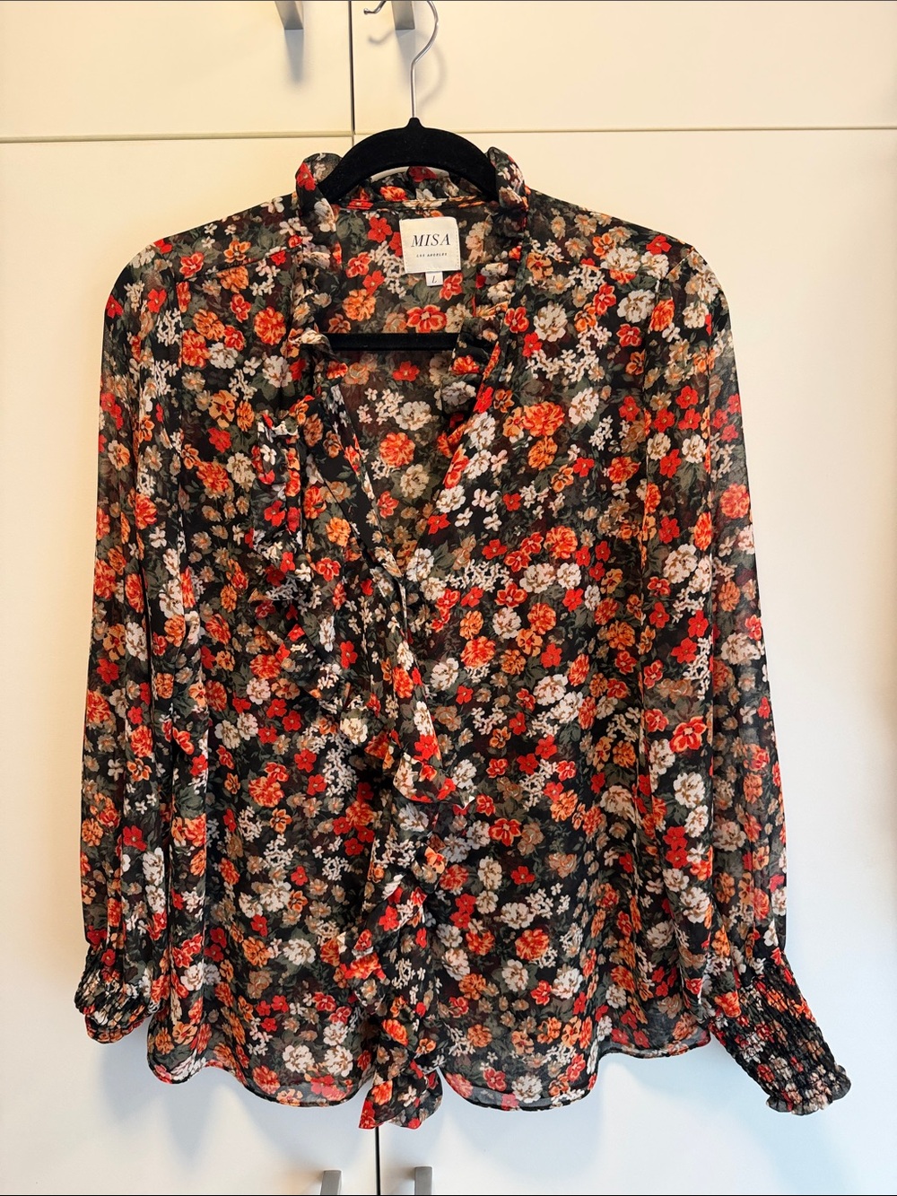 Misa Los Angeles Floral Ruffle Tie-Neck Blouse in Black, Red, Orange and Cream